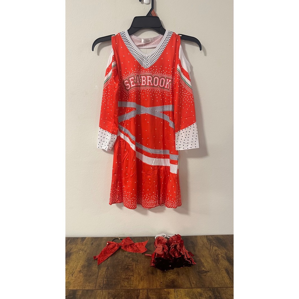 Disney Zombies Seabrook Cheerleader Costume Girls Red Dress Pom Poms Bow Set 140